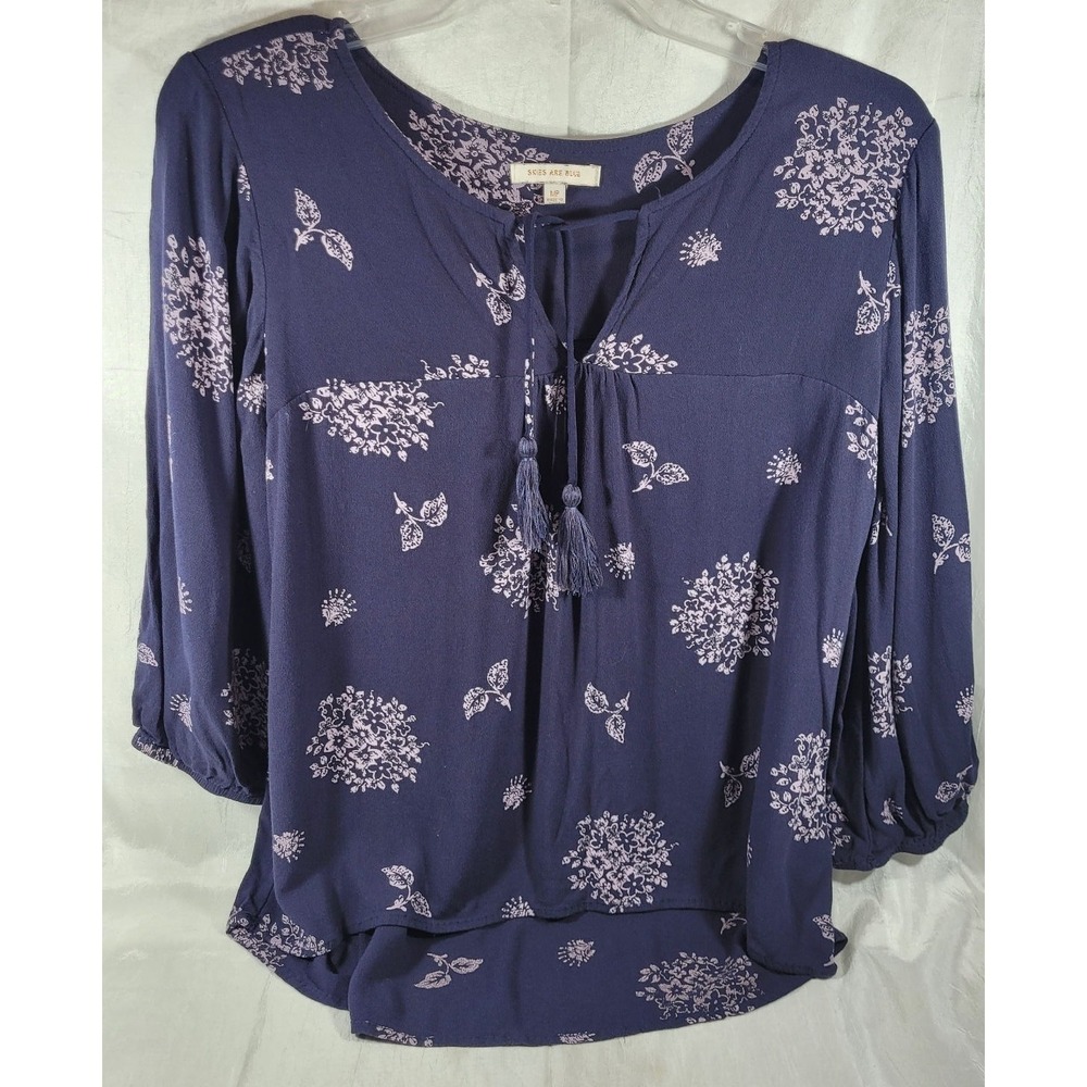 Skies Are Blue Women's 3/4 Sleeve Tassle 100% Rayon Shirt Navy/Lilac Floral - MP